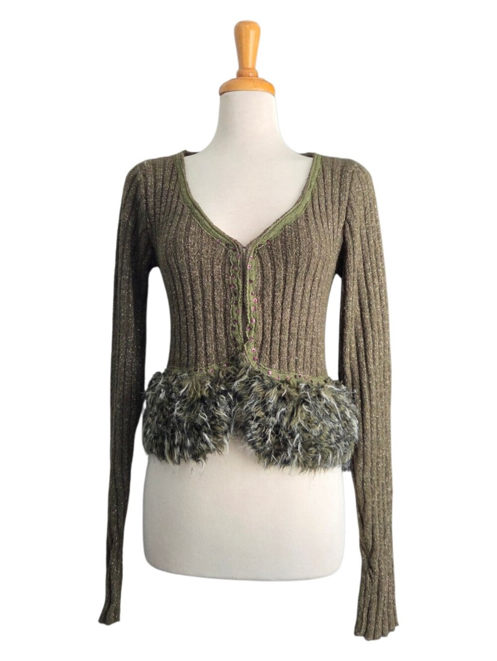 Vintage Y2K Cubix Olive Green Ribbed Knit Cropped Cardigan Women's Size M